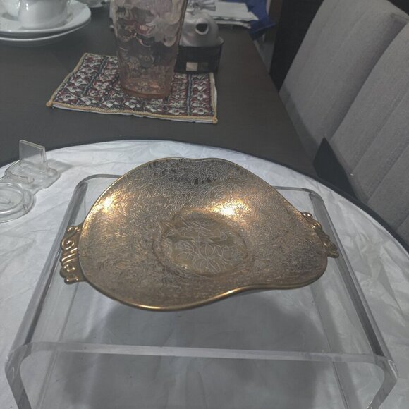 Gold over silver tray top, glass on bottom. Vintage serving tray for bon-bons. - Picture 3 of 6